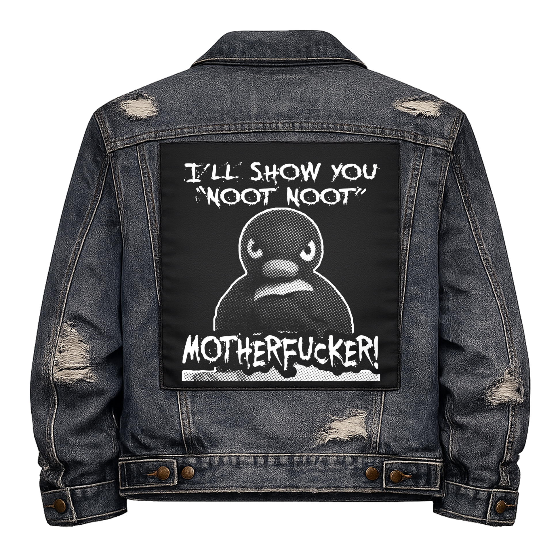 Black fabric back patch sew onto a denim jacket with the design "Noot Noot"