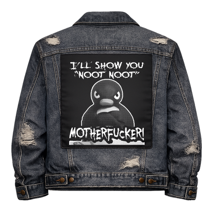 Black fabric back patch sew onto a denim jacket with the design "Noot Noot"