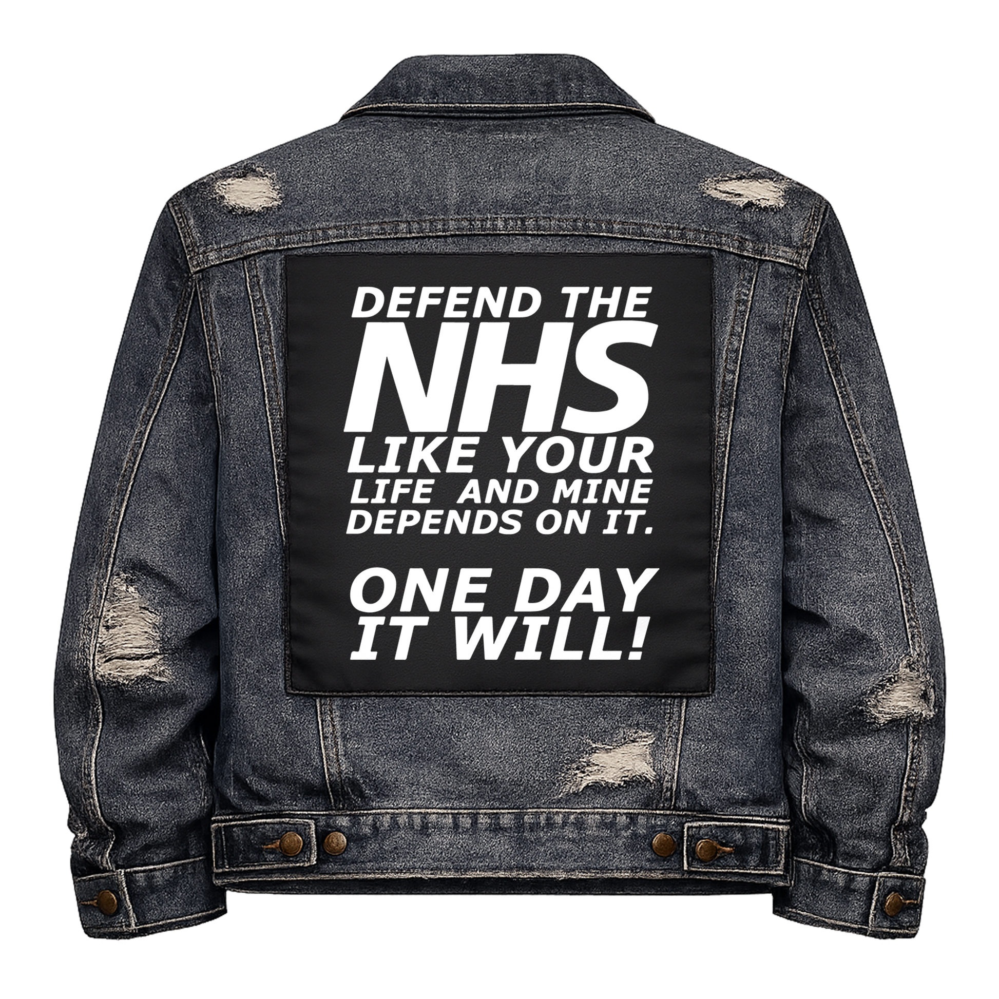 Black fabric back patch sew onto a denim jacket with the design "Defend the NHS"