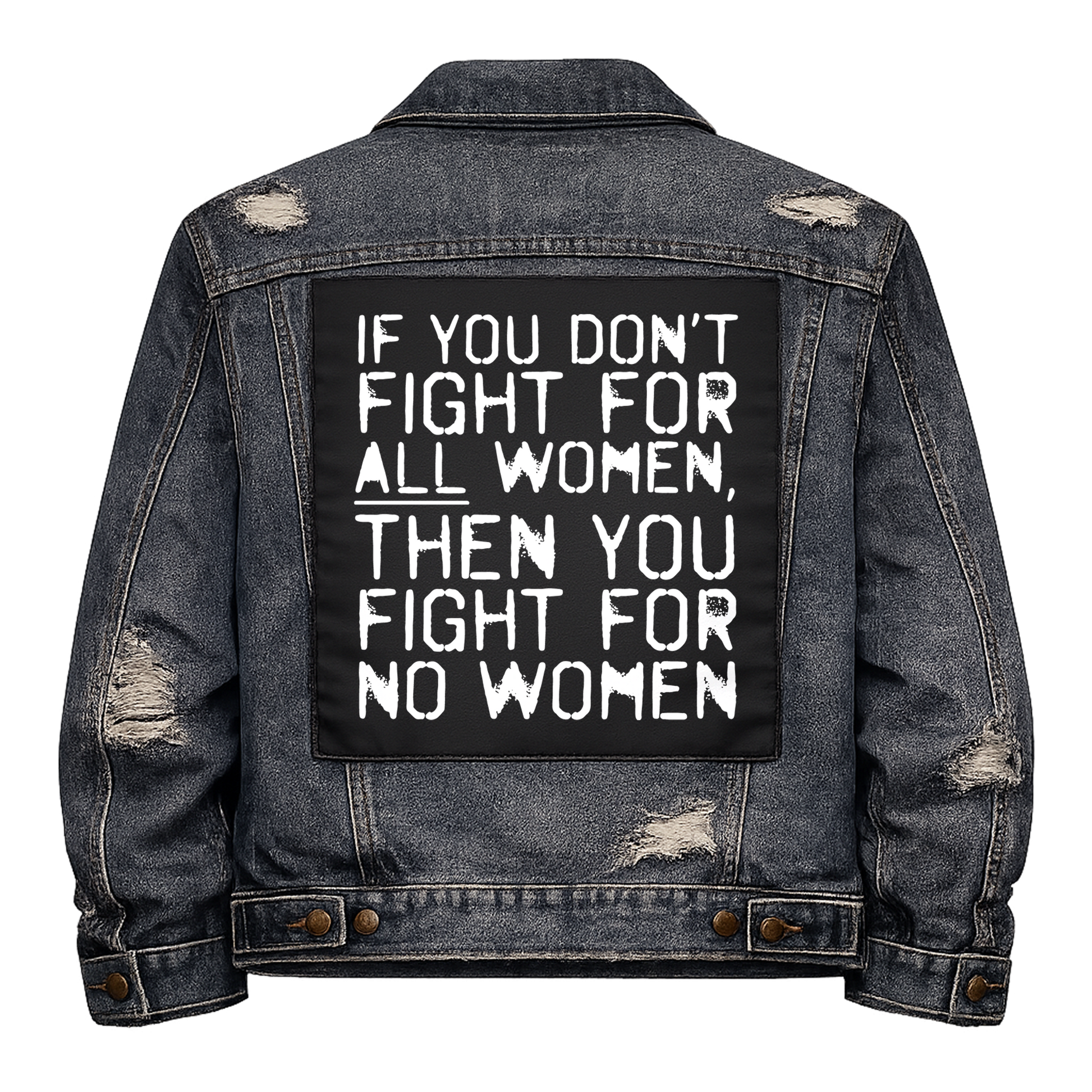 Black fabric back patch sew onto a denim jacket with the design "Fight for all Women"