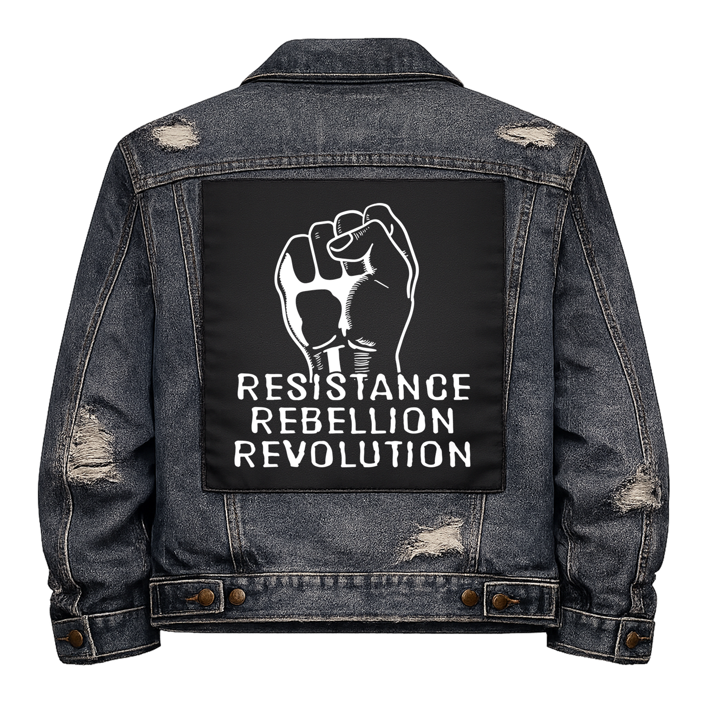 Black fabric back patch sew onto a denim jacket with the design "Resistance, Rebellion, Revolution"