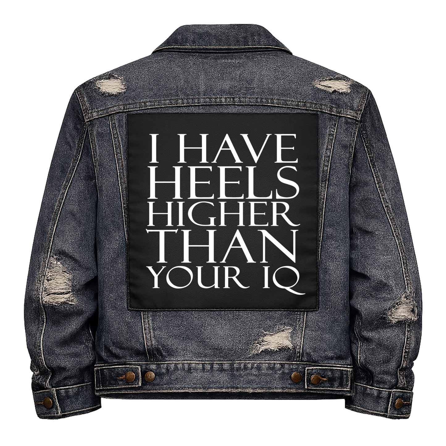 Black fabric back patch sew onto a denim jacket with the design "High Heels"