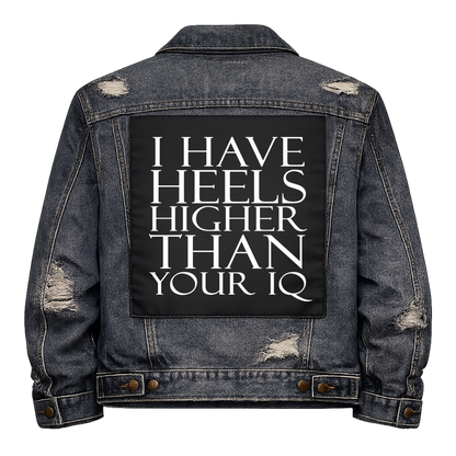 Black fabric back patch sew onto a denim jacket with the design "High Heels"