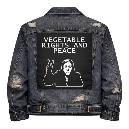 Black fabric back patch sew onto a denim jacket with the design "Vegetable Rights and Peace"