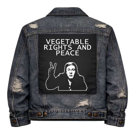 Black fabric back patch sew onto a denim jacket with the design "Vegetable Rights and Peace"