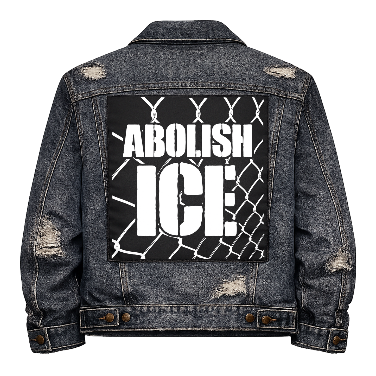 Black fabric back patch sew onto a denim jacket with the design "Abolish ICE"