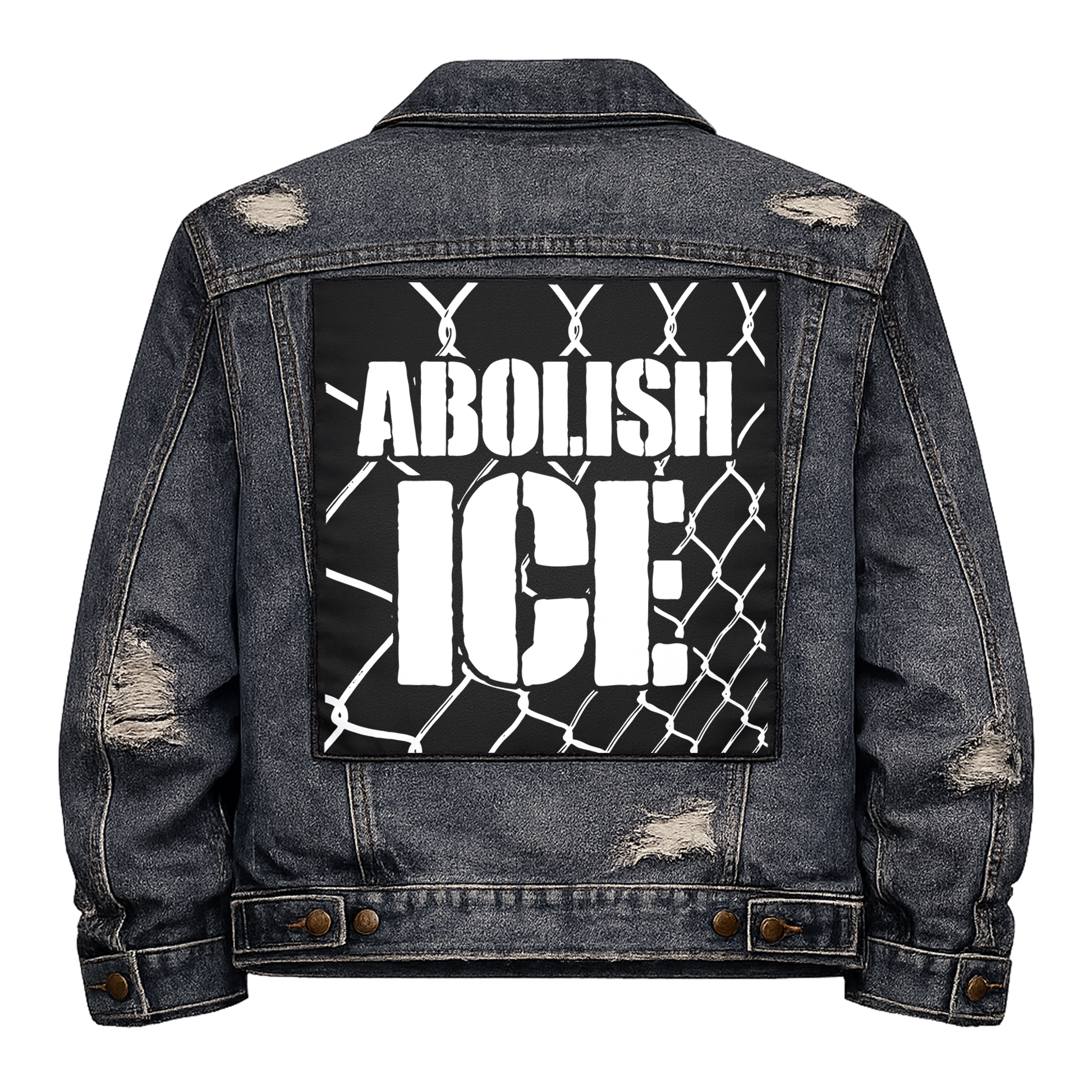 Black fabric back patch sew onto a denim jacket with the design "Abolish ICE"