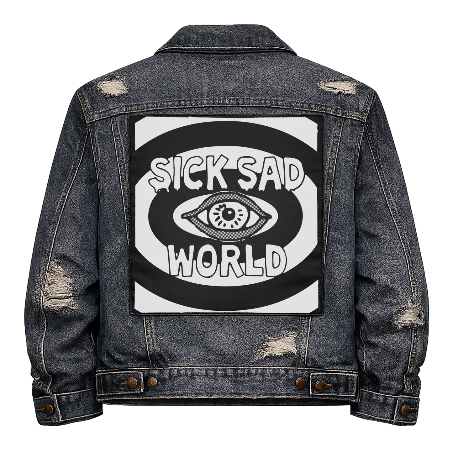 Black fabric back patch sew onto a denim jacket with the design "Sick Sad World"