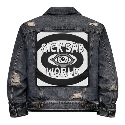 Black fabric back patch sew onto a denim jacket with the design "Sick Sad World"