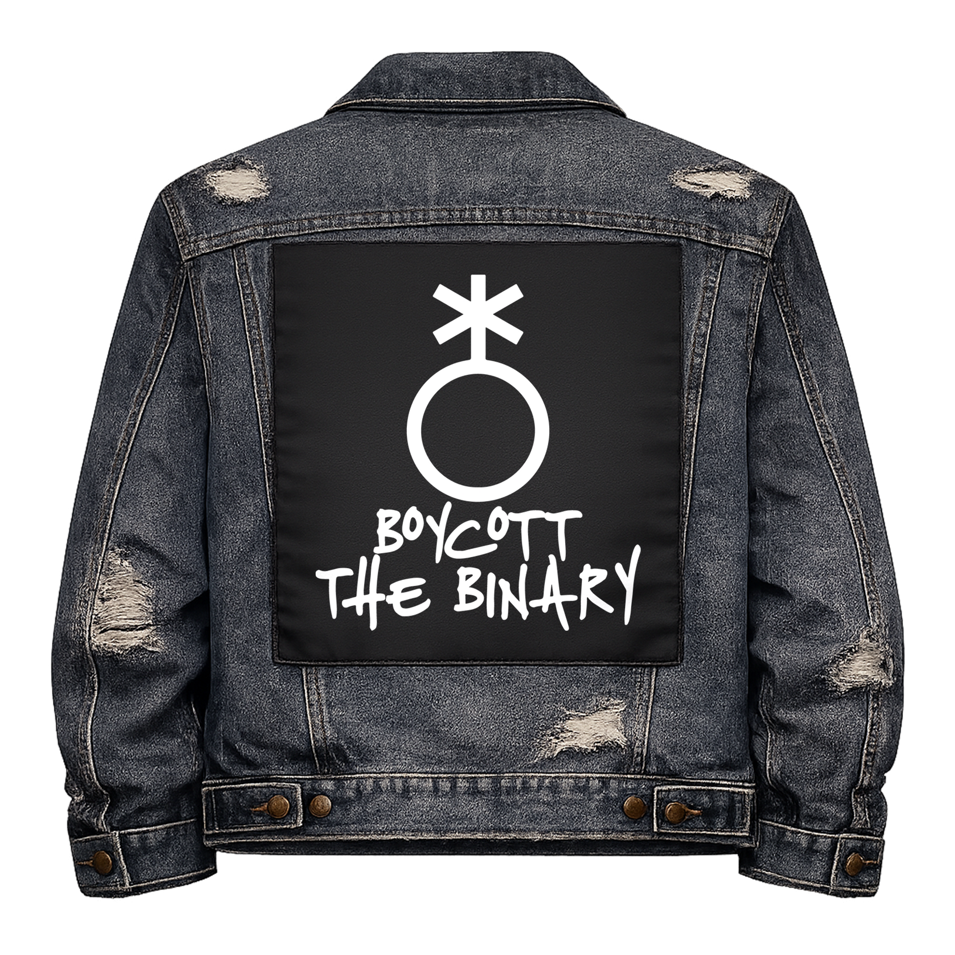Black fabric back patch sew onto a denim jacket with the design "Boycott the Binary"