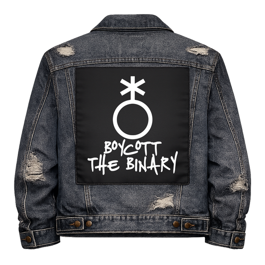 Black fabric back patch sew onto a denim jacket with the design "Boycott the Binary"