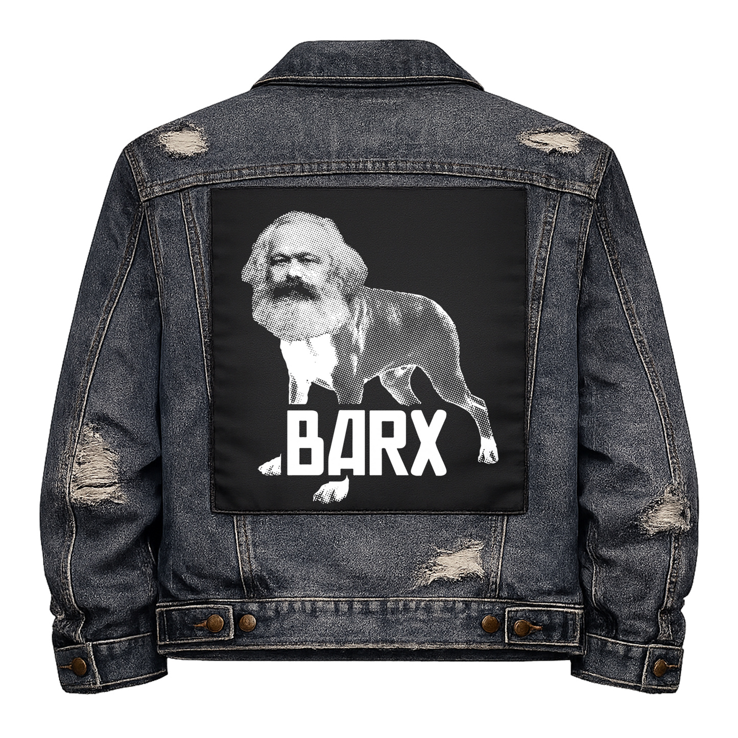 Black fabric back patch sew onto a denim jacket with the design "Karl Barx"