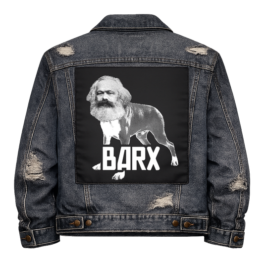 Black fabric back patch sew onto a denim jacket with the design "Karl Barx"