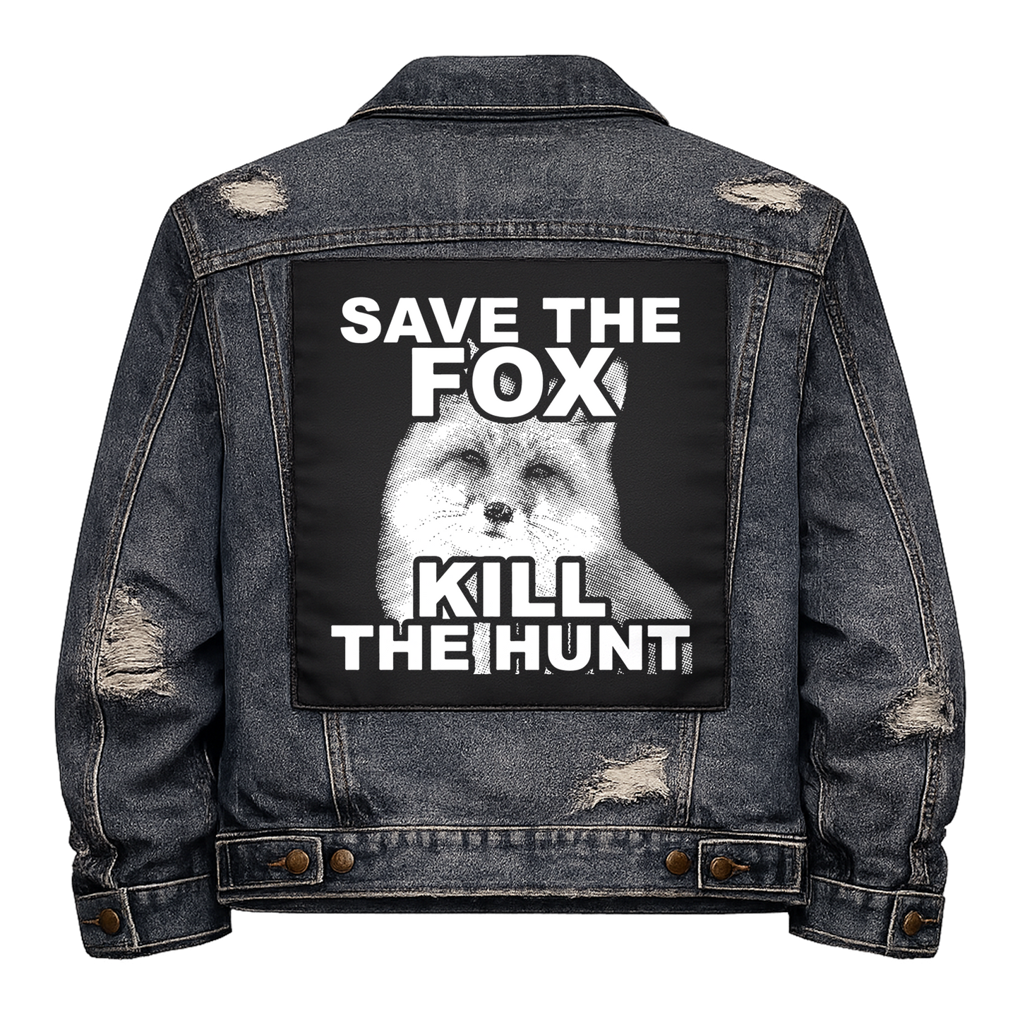 Black fabric back patch sew onto a denim jacket with the design "Save the Fox"
