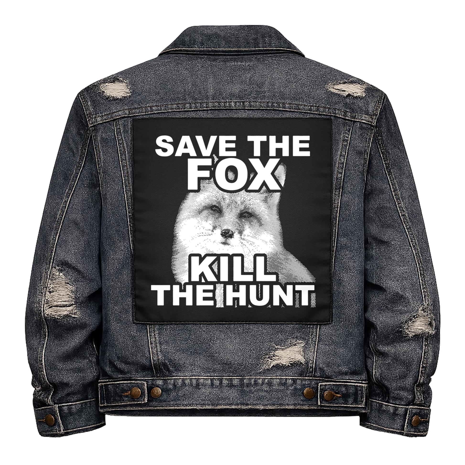 Black fabric back patch sew onto a denim jacket with the design "Save the Fox"