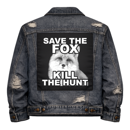 Black fabric back patch sew onto a denim jacket with the design "Save the Fox"