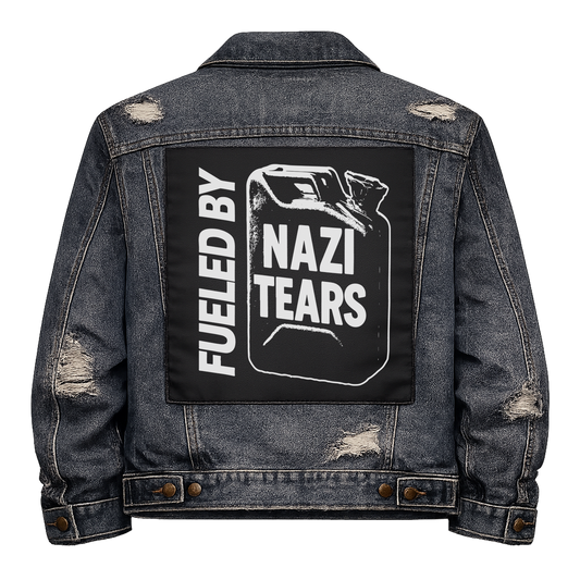 Black fabric back patch sew onto a denim jacket with the design "Fueled by Nazi Tears"