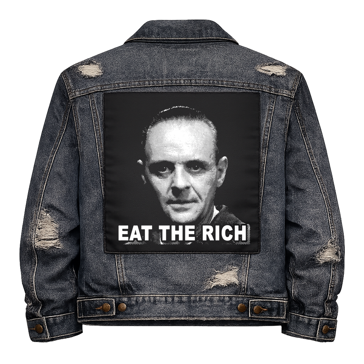 Black fabric back patch sew onto a denim jacket with the design "Eat The Rich"