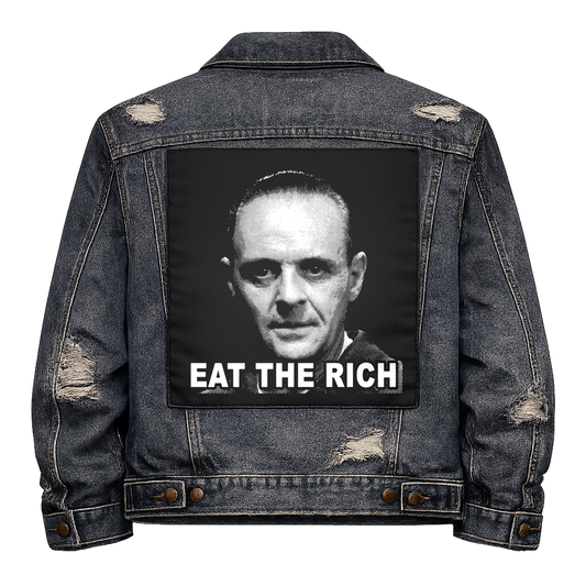 Black fabric back patch sew onto a denim jacket with the design "Eat The Rich"
