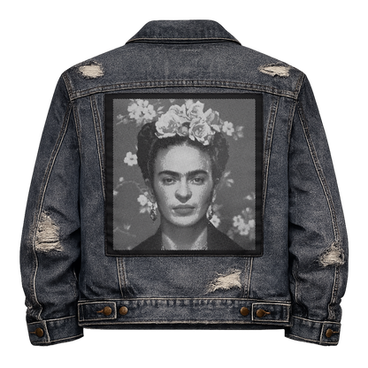 Black fabric back patch sew onto a denim jacket with the design "Frida Kahlo"