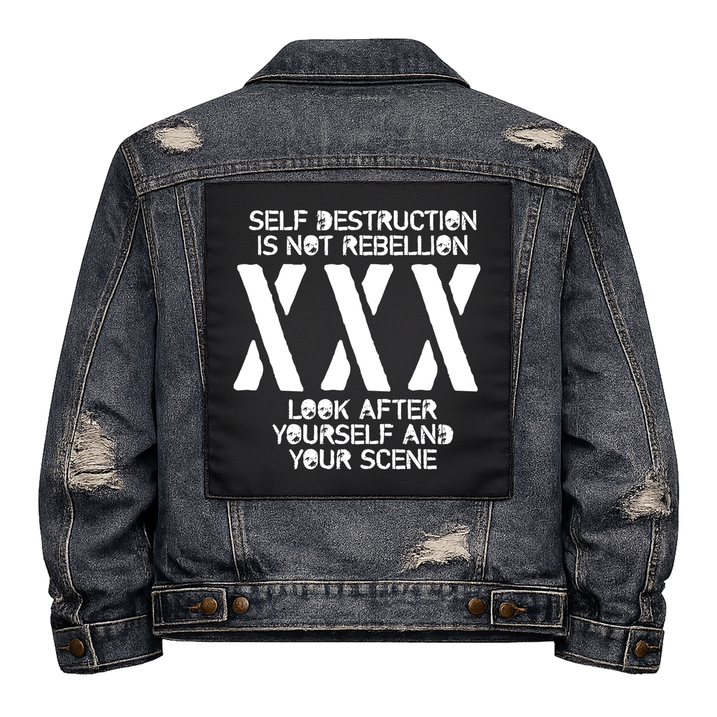Black fabric back patch sew onto a denim jacket with the design "Self Destruction"