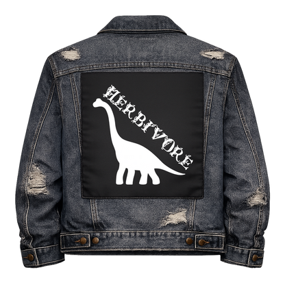 Black fabric back patch sew onto a denim jacket with the design "Herbivore"