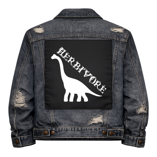 Black fabric back patch sew onto a denim jacket with the design "Herbivore"