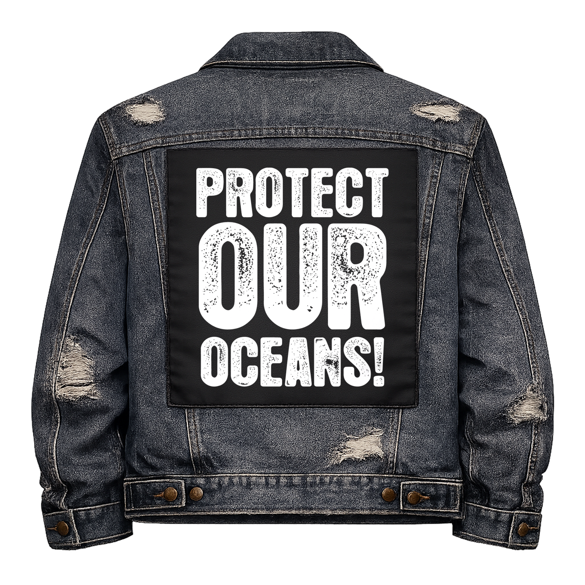 Black fabric back patch sew onto a denim jacket with the design "Protect Our Oceans"