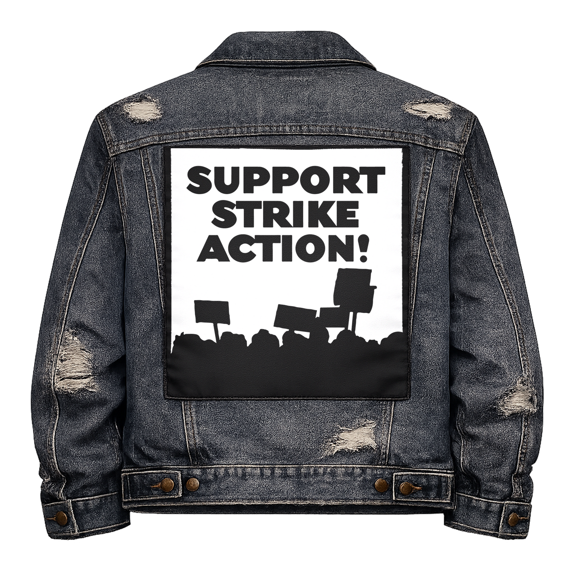Black fabric back patch sew onto a denim jacket with the design "Support Strike Action"