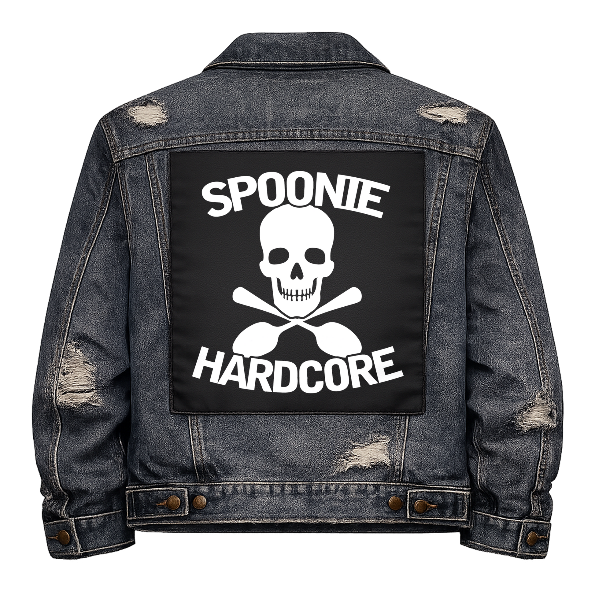 Black fabric back patch sew onto a denim jacket with the design "Spoonie Hardcore"