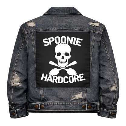 Black fabric back patch sew onto a denim jacket with the design "Spoonie Hardcore"