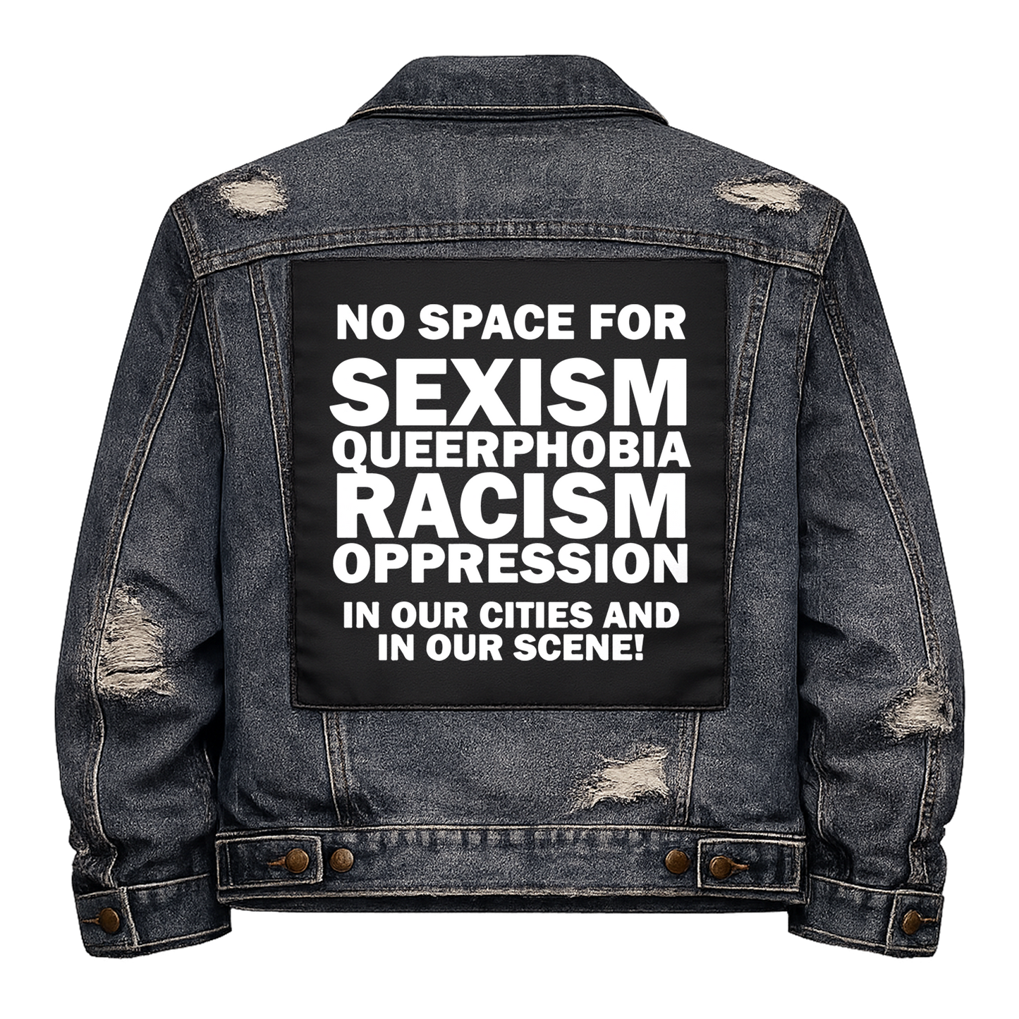 Black fabric back patch sew onto a denim jacket with the design "No Space"