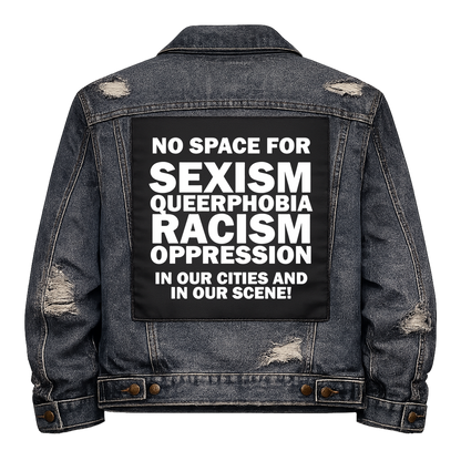 Black fabric back patch sew onto a denim jacket with the design "No Space"