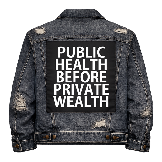 Black fabric back patch sew onto a denim jacket with the design "Public Health before Private Wealth"