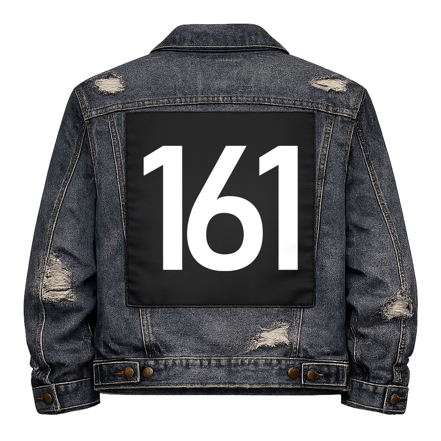 Black fabric back patch sew onto a denim jacket with the design "161"