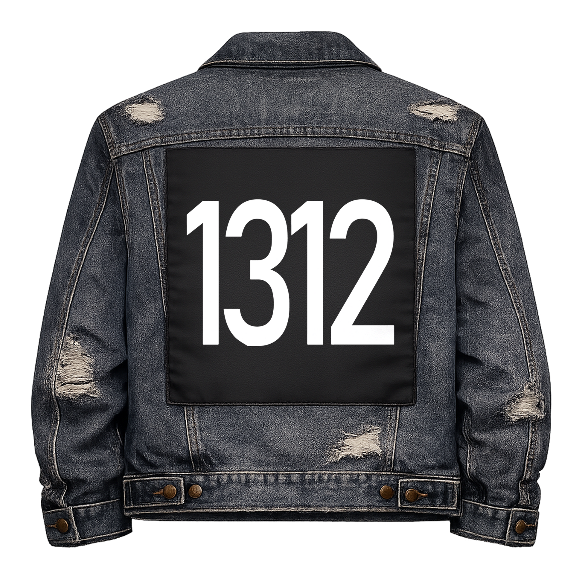 Black fabric back patch sew onto a denim jacket with the design "1312"