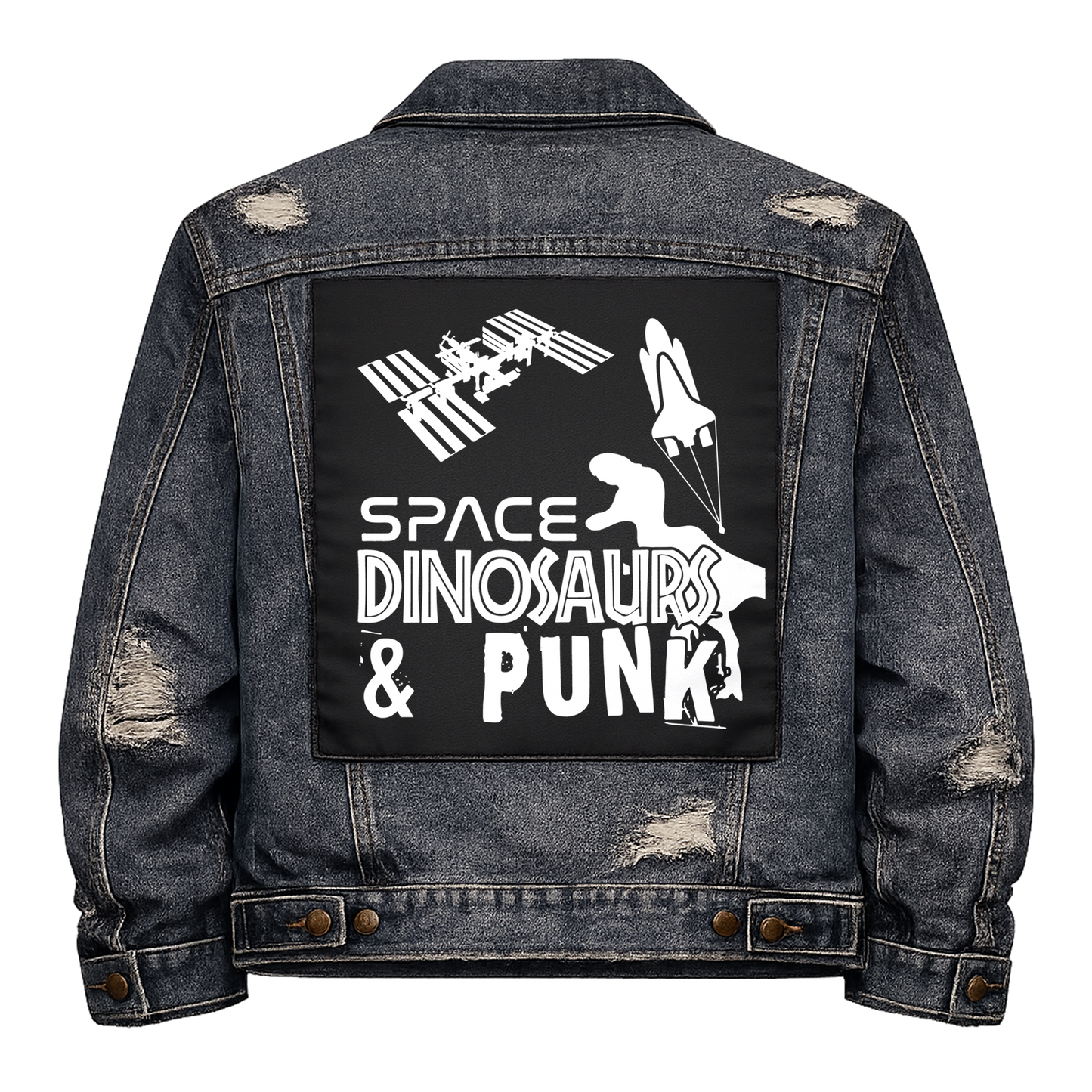 Black fabric back patch sew onto a denim jacket with the design "Space Dinosaurs and Punk"