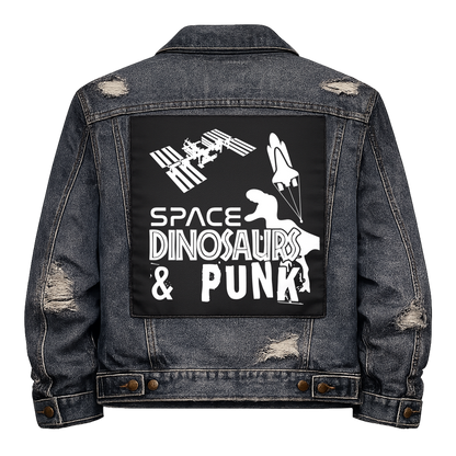 Black fabric back patch sew onto a denim jacket with the design "Space Dinosaurs and Punk"