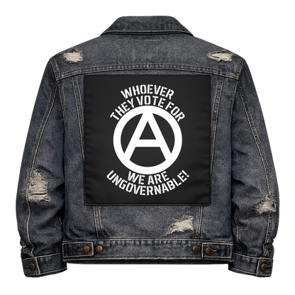 Black fabric back patch sew onto a denim jacket with the design "Ungovernable"
