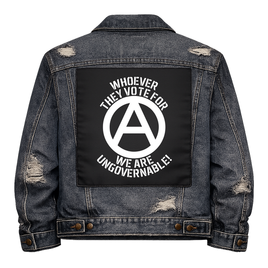 Black fabric back patch sew onto a denim jacket with the design "Ungovernable"
