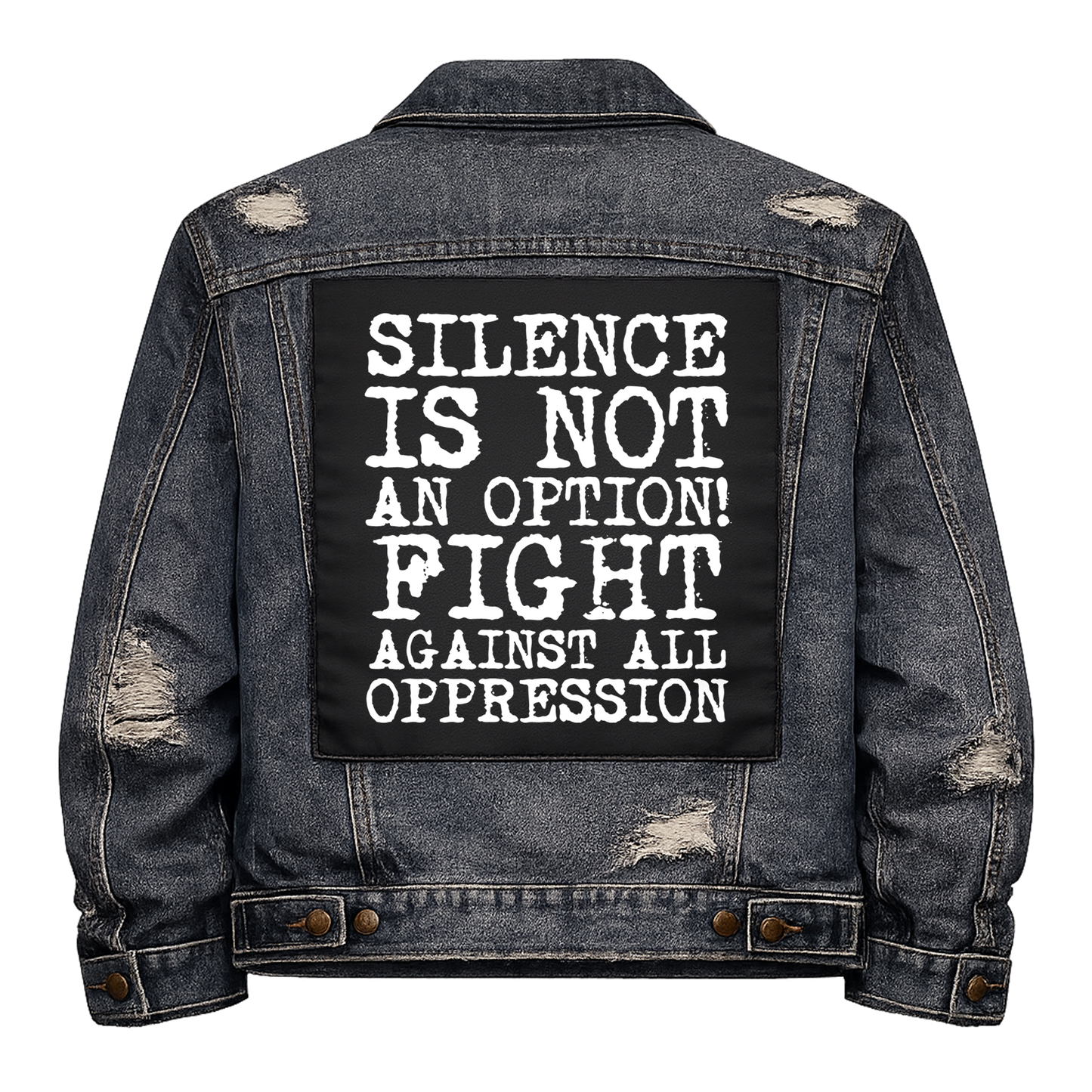 Black fabric back patch sew onto a denim jacket with the design "Silence"