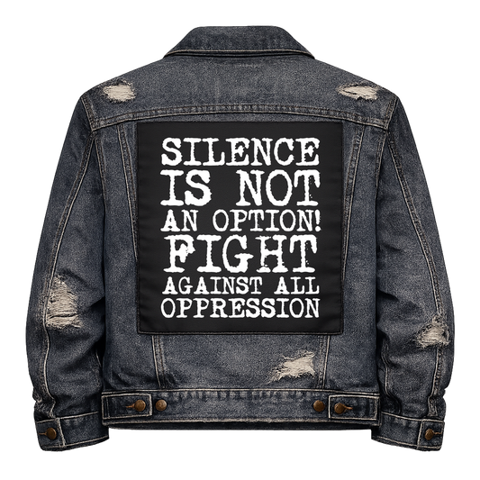 Black fabric back patch sew onto a denim jacket with the design "Silence"