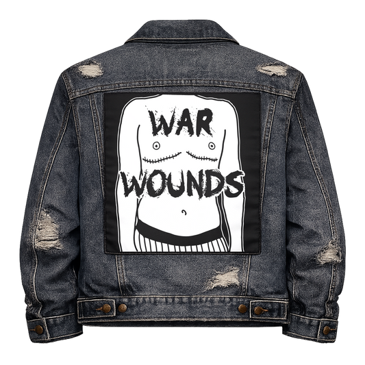 Black fabric back patch sew onto a denim jacket with the design "War Wounds"