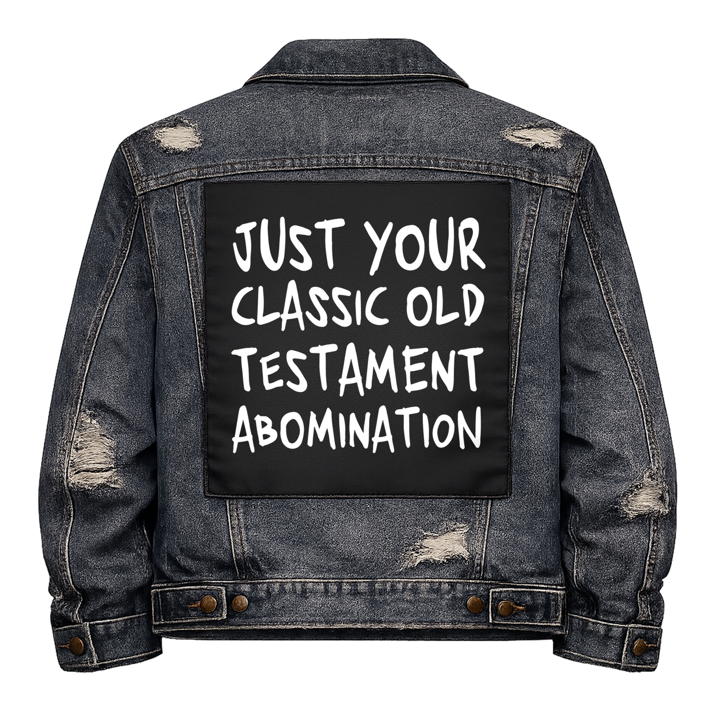 Black fabric back patch sew onto a denim jacket with the design "Old Testament Abomination"