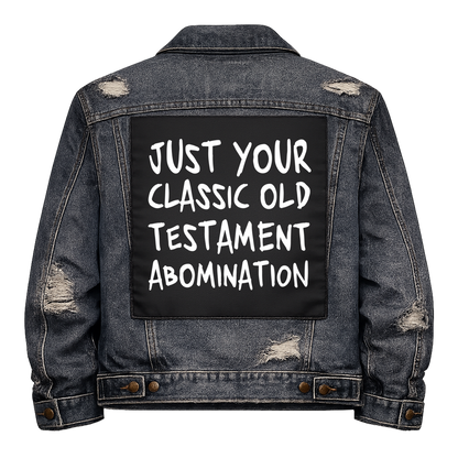 Black fabric back patch sew onto a denim jacket with the design "Old Testament Abomination"