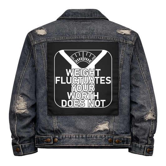 Black fabric back patch sew onto a denim jacket with the design "Weight Fluctuates"