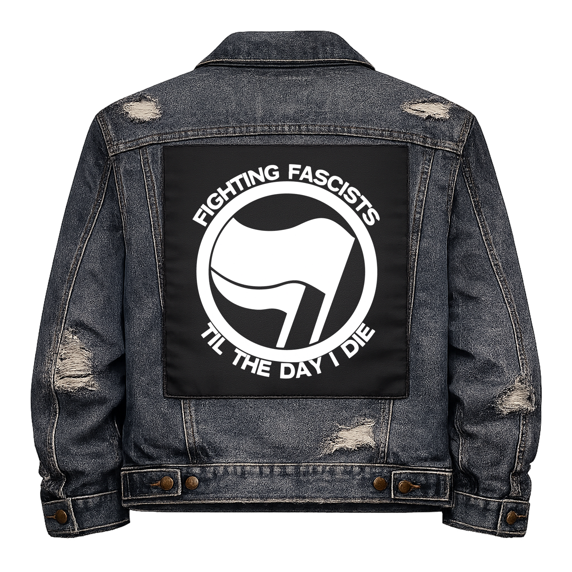 Black fabric back patch sew onto a denim jacket with the design "Fighting Fascists"