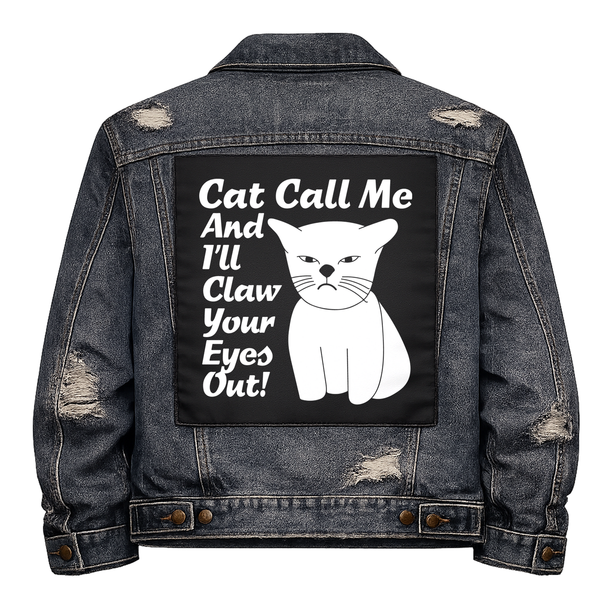 Black fabric back patch sew onto a denim jacket with the design "Cat Call"
