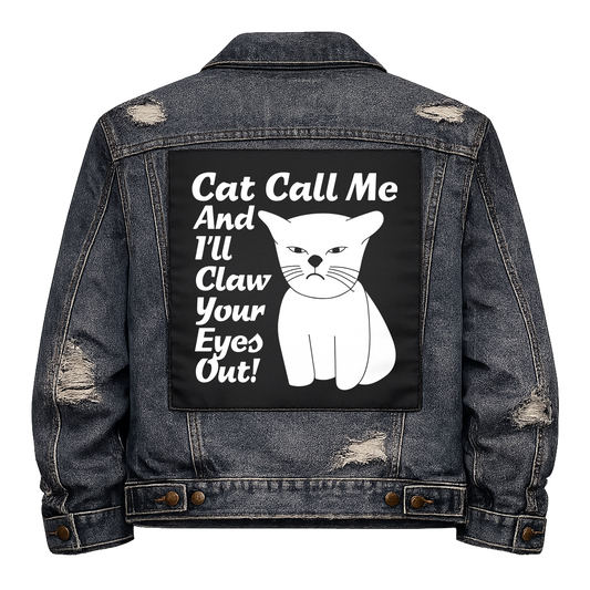 Black fabric back patch sew onto a denim jacket with the design "Cat Call"