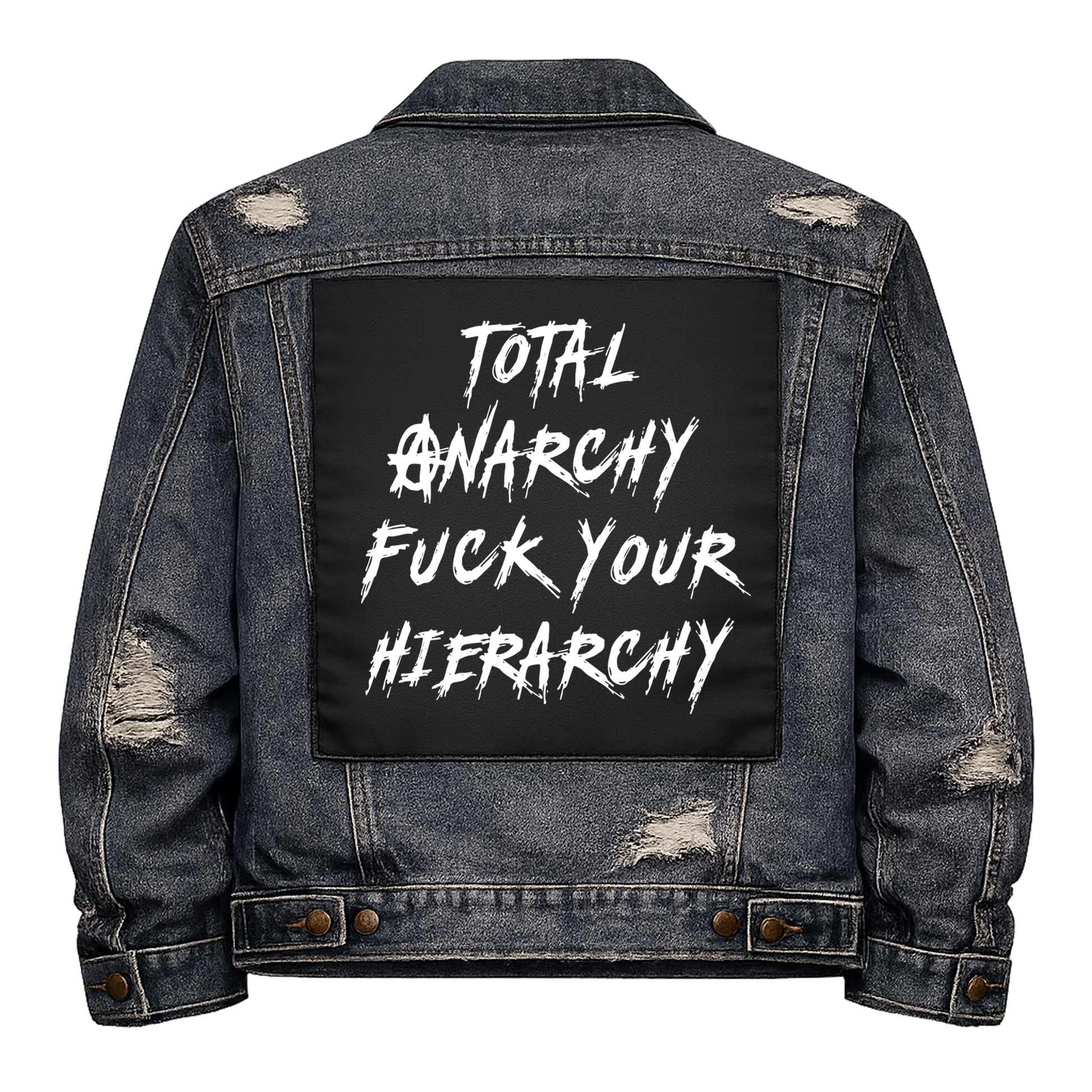 Black fabric back patch sew onto a denim jacket with the design "Total Anarchy"